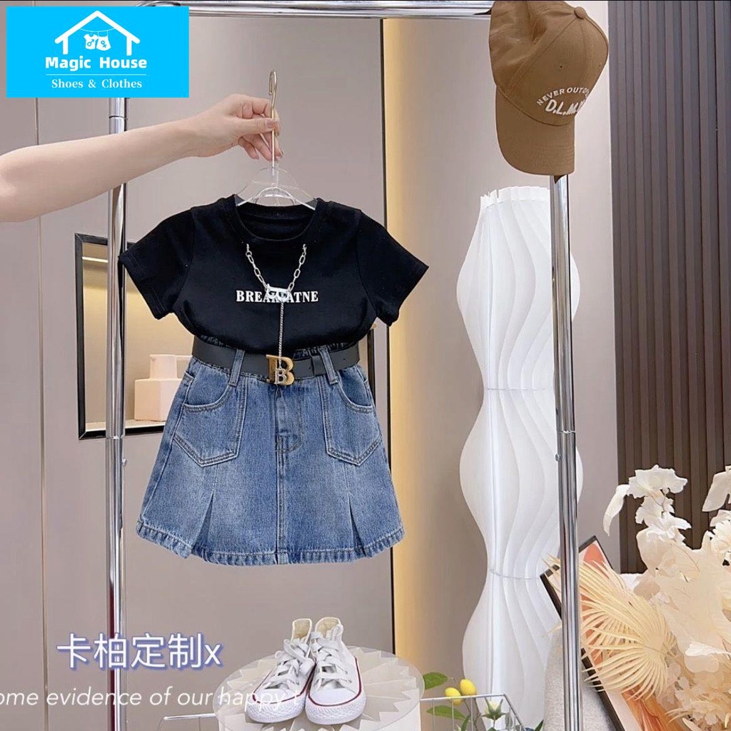 Set Áo Thun Ngắn Tay In Chữ + Chân Váy Denim Ngắn Thời Trang Hè Hàn Quốc Mới 2023 Cho Bé Gái