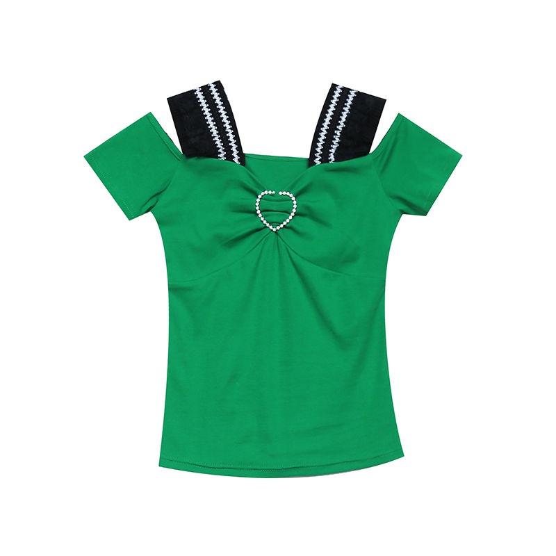 Bán Chạy ~ Áo Kiểu Tay Ngắn Hở Vai Dáng Ôm Phối Ren Đính Kim Cương Phong Cách Châu Âu Mới Dành Cho Bạn Nữ