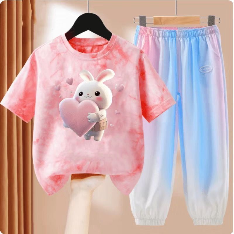 Bộ Áo Thun Tay Ngắn Và Quần Dài Bằng Lụa Mát Thời Trang Mùa Hè 2023 Dành Cho Bé Gái