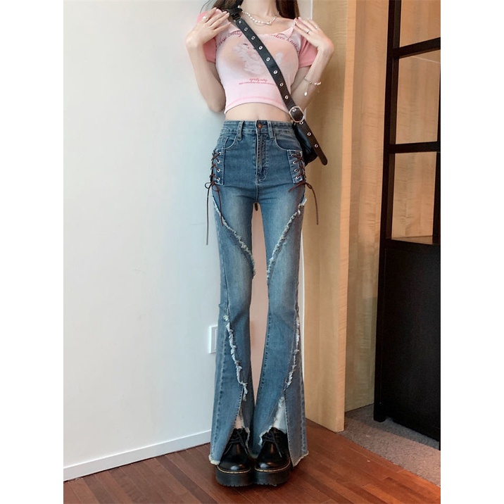 Quần Jeans Nữ Lưng Cao Dáng Ôm Xẻ Tà Cột Dây Phong Cách Mới