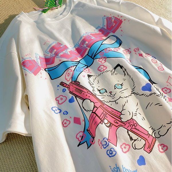 Áo Thun 100% Cotton Tay Ngắn Dáng Rộng In Họa Tiết Hoạt Hình Nhật Bản Thời Trang Mùa Hè Cho Nam Và Nữ