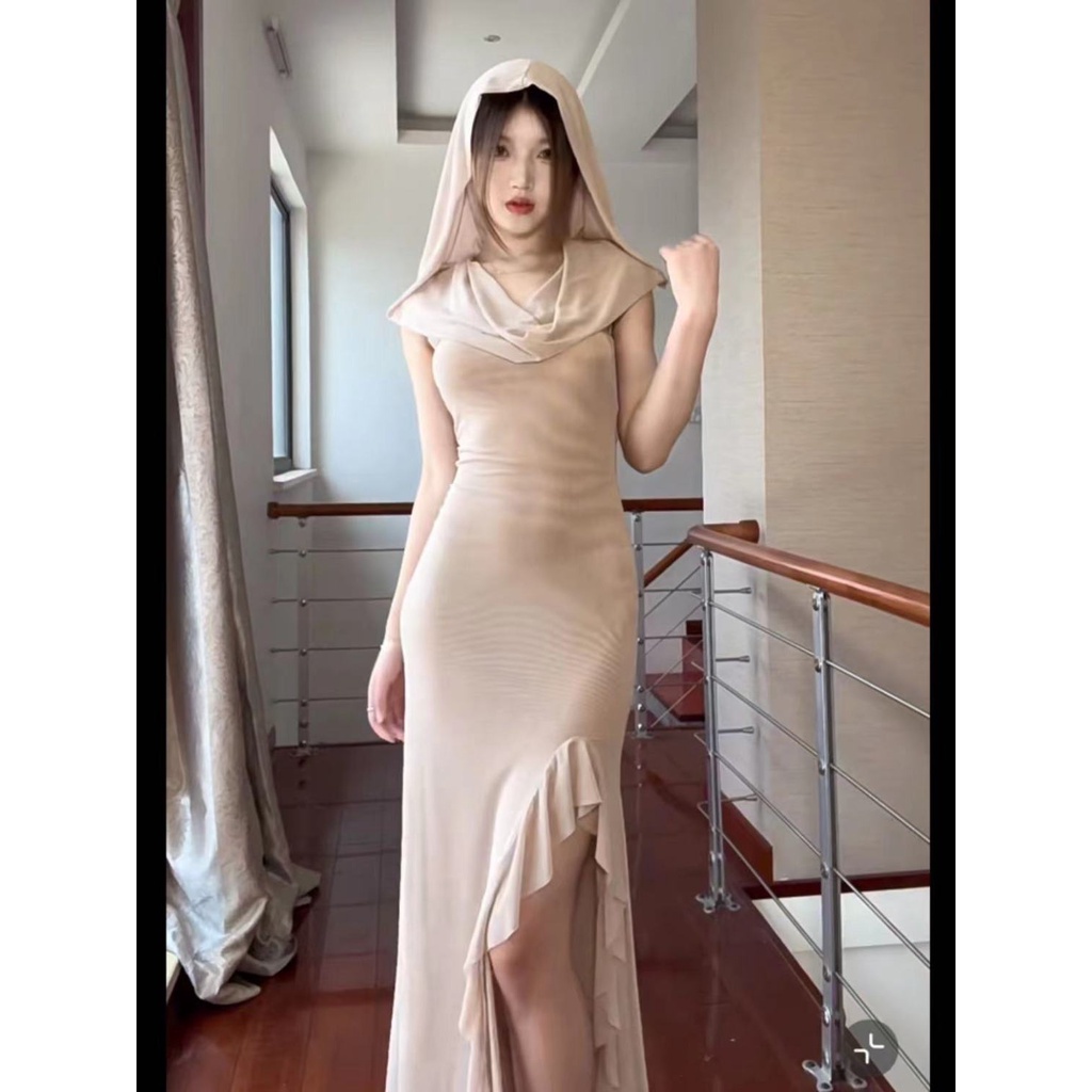 Mẫu Mới Nhất Đầm Lưới Dài Có Mũ Xẻ Tà Nhẹ Trong Suốt Phong Cách Mystery Doomsday Dune Wasteland Quyến Rũ Cho Nữ