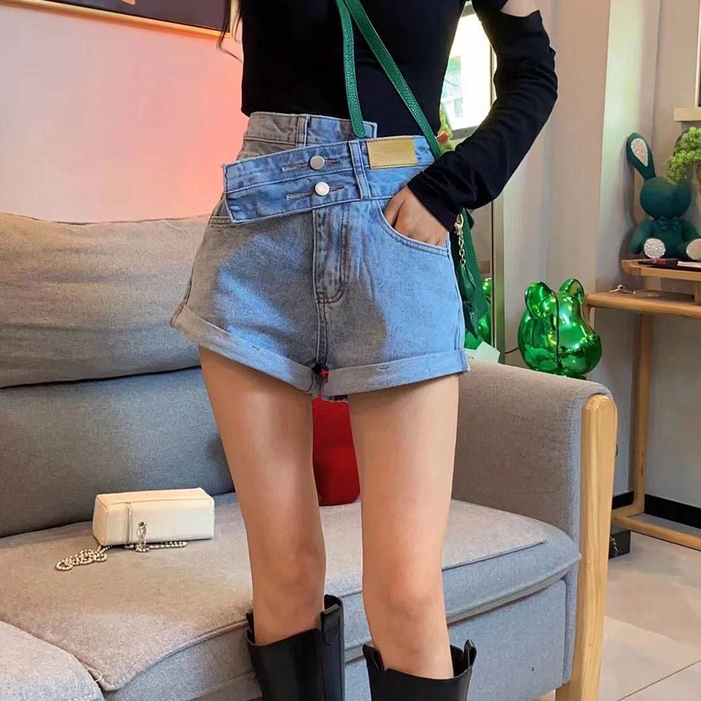 Quần Short Denim Lưng Cao Ống Rộng Phong Cách Hàn Quốc Mới Cho Nữ