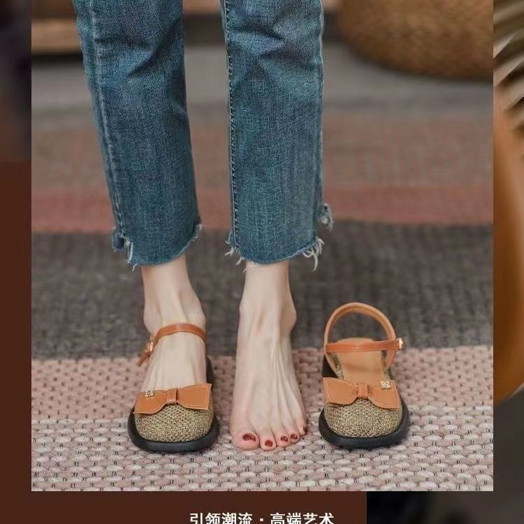 Hàng Mới Về ~ Sandal Cao Gót Hở Ngón Đế Phẳng Thắt Nơ Cài Khóa Cao Cấp Trẻ Trung Dành Cho Nữ