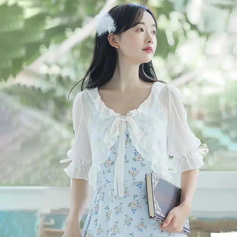 Áo Khoác Chiffon Mỏng Dáng Ngắn Phối Bèo Và Váy Phong Cách Phương Tây Dễ Phối Đồ LF7.14