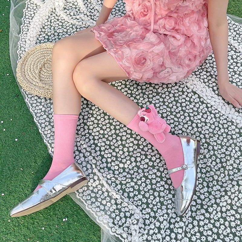 Vớ bông mới,Mô hình gấu hồng và dâu tây dễ thương,Stereo 3D Stereo Cartoon Doll Cub Girl Growth Cartoon Socks Dễ thương và thoải mái