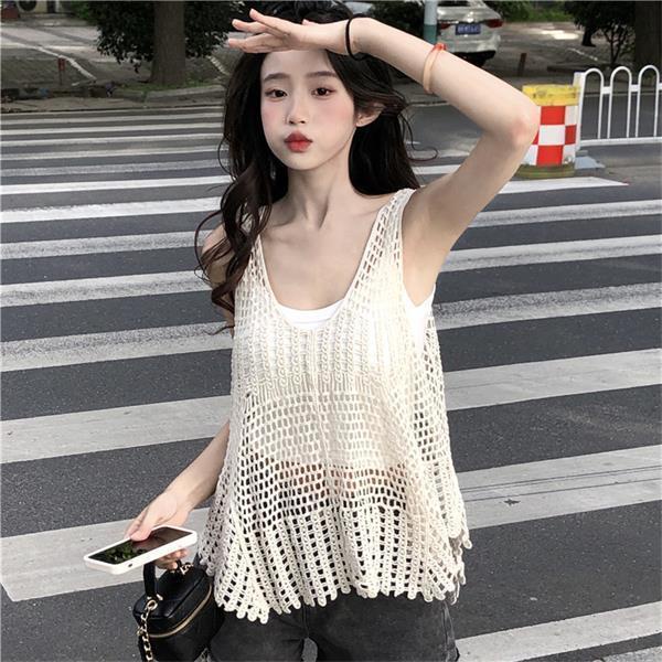 Hàng Mới Về PPHOME Áo Không Tay Dáng Rộng Thiết Kế Đan Móc Rỗng Phong Cách Blogger ~