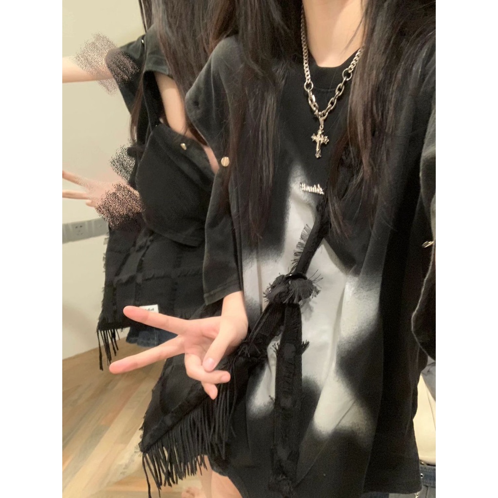 Ready stock 100% cotton t-shirt nữ phong cách mỹ đường phố hip hop hiphop nút có thể tháo rời tay áo rời trên cùng lf8.15