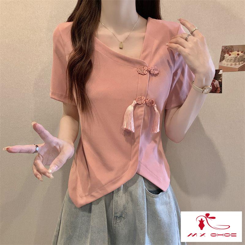 ~ Áo Thun Tay Ngắn Hở Vai Cổ Chữ v Phong Cách Trung Hoa Mới Mùa Hè Cỡ Lớn Cài Khóa Bất Đối Xứng Cho Nữ