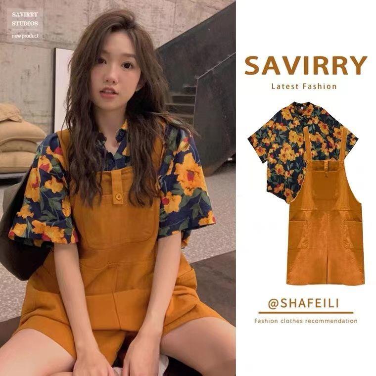 Hệ Thống Muối Mới set Áo Sơ Mi Cổ Cao Phối Quần Yếm Ngắn Thời Trang Mùa Hè Cho Sinh Viên