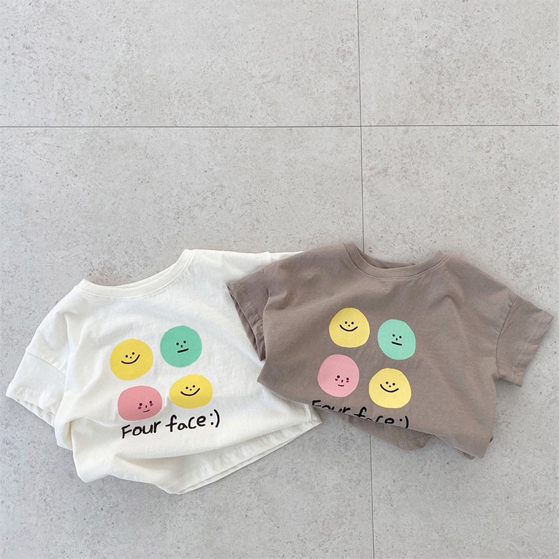 Áo Thun Cotton Mềm Ngắn Tay Dáng Rộng In Hình Mặt Cười Và Chữ Phong Cách Hàn Quốc Thời Trang Mùa Hè Dành Cho Trẻ Em