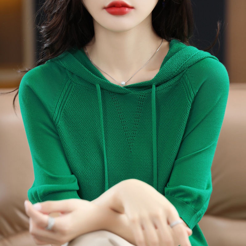 Áo Thun Tay Lửng Có Mũ Trùm Đầu Bằng Lụa Lạnh Màu Trơn Thời Trang Mới N539 Dành Cho Bạn Nữ