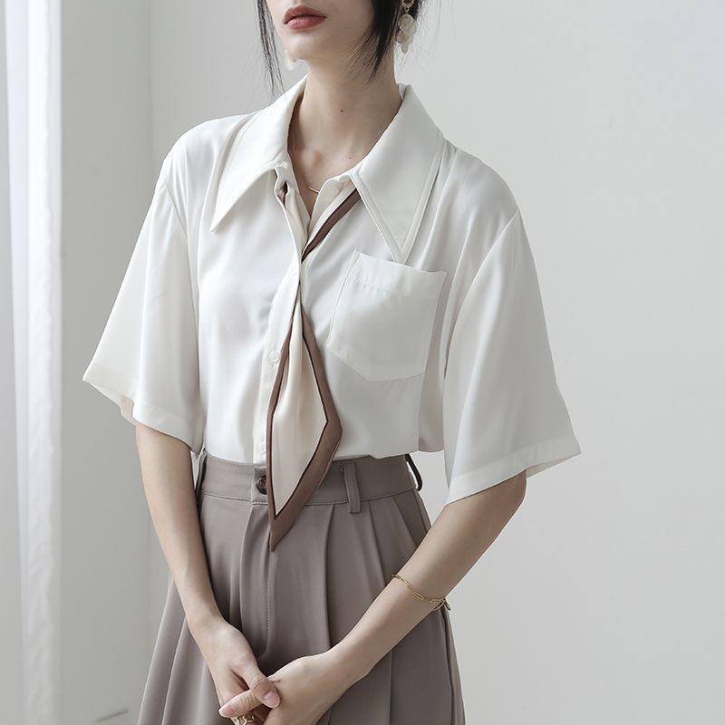 Áo Sơ Mi Chiffon Tay Ngắn Màu Trắng Cà Vạt Thời Trang Mùa Hè 2022 Mới