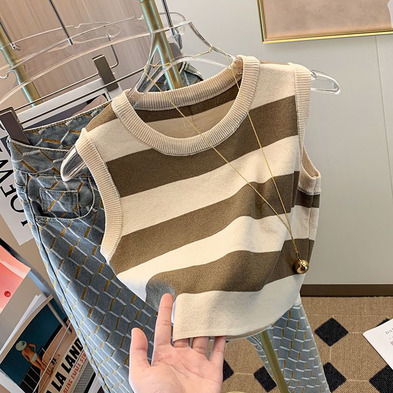 Áo Thun Dệt Kim Sát Nách Cổ Tròn Hoạ Tiết Kẻ Sọc Cho Phái Nữ