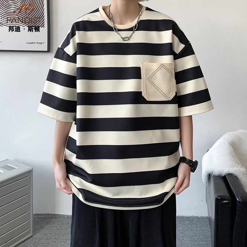 【luckin men's】áo thun unisex，áo đôi nam nữ，thời trang nam，áo sơ mi nam，áo nam đẹp，Áo Thun Tay Ngắn Cổ Tròn Họa Tiết Kẻ Sọc Thời Trang Mùa Hè Cho Nam，áo nam，áo phông，bigsize t shirt ，áo thun oversize nam，đen，xanh，kaki，trắng，đồ bộ nam，