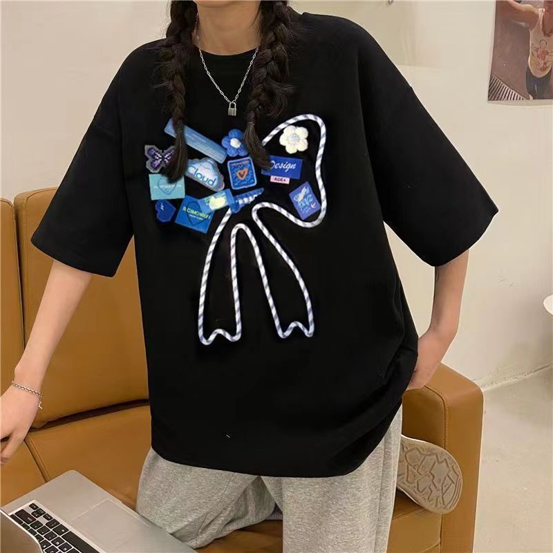 Jiashucheng Áo Thun Tay Ngắn Dáng Rộng In Họa Tiết Thắt Nơ Thời Trang Mùa Hè Mới Cho Cặp Đôi