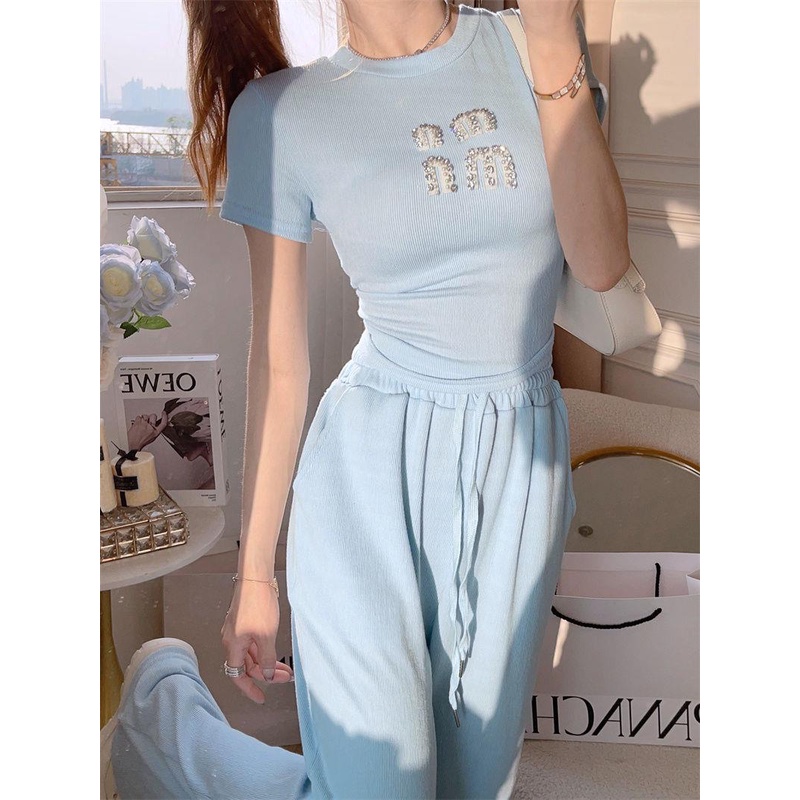 Set Áo Thun Ngắn Tay Và Quần Dài Ống Rộng Lưng Cao Phong Cách Pháp Thời Trang Mùa Hè Hàng Mới Dành Cho Bạn Nữ