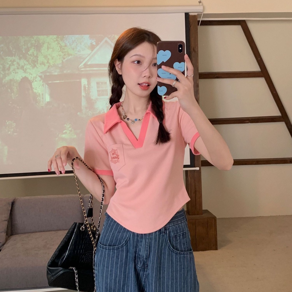 Áo Thun polo Ngắn Tay Dáng Rộng Màu Sắc Tương Phản Thời Trang Mùa Hè