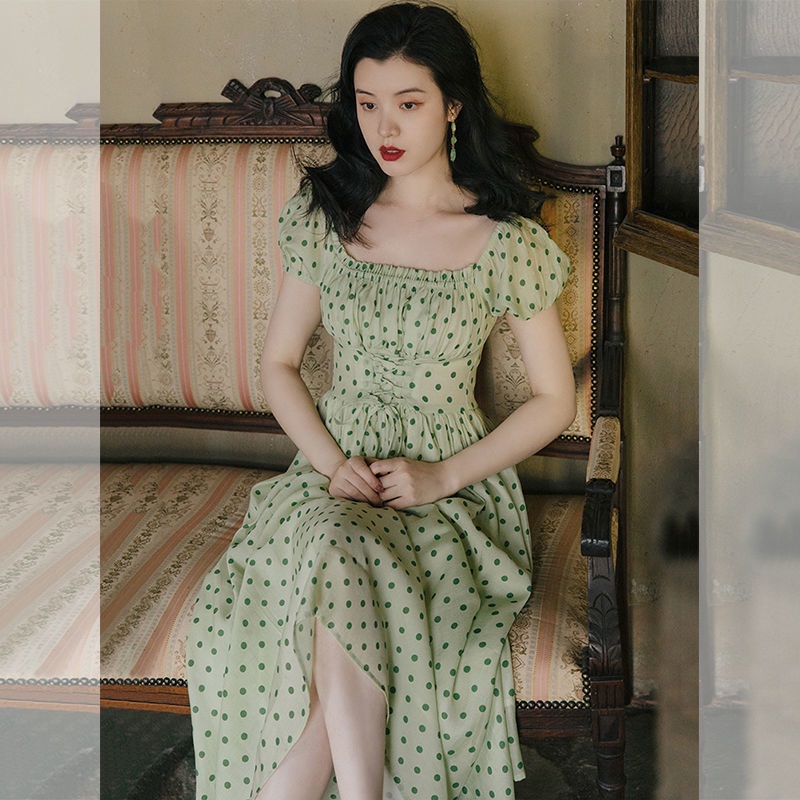 Đầm Cổ Vuông Họa Tiết Chấm Bi Màu Xanh Lá Phong Cách Retro Pháp Thời Trang Mùa Hè Hàng Mới 2023
