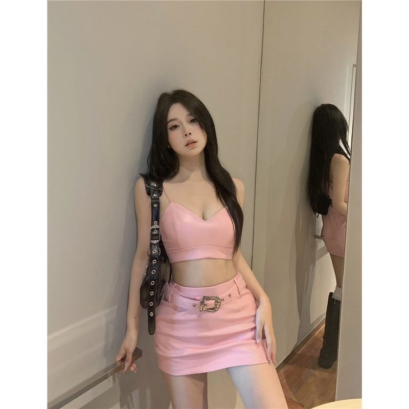 Bộ Áo Hai Dây Màu Hồng + Chân Váy Lưng Cao Thời Trang Mùa Hè Quyến Rũ Cho Nữ