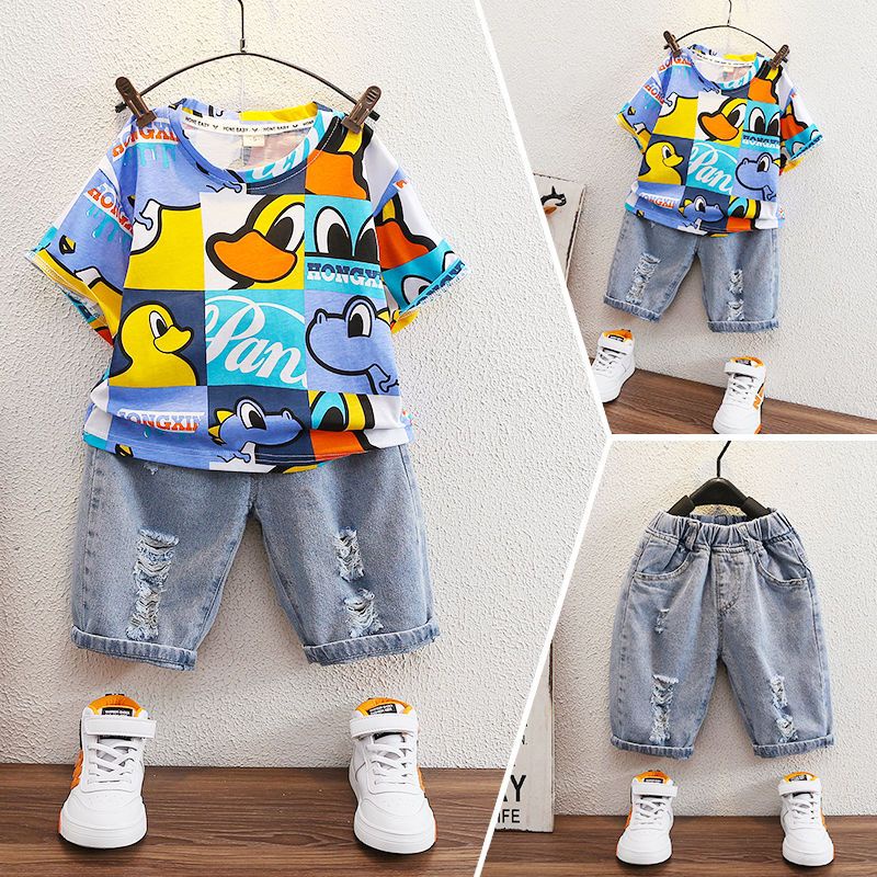 Set Đồ Mùa Hè 2023 Gồm Áo Tay Cộc In Họa Tiết Hoạt Hình + Quần Jeans Cho Bé Trai