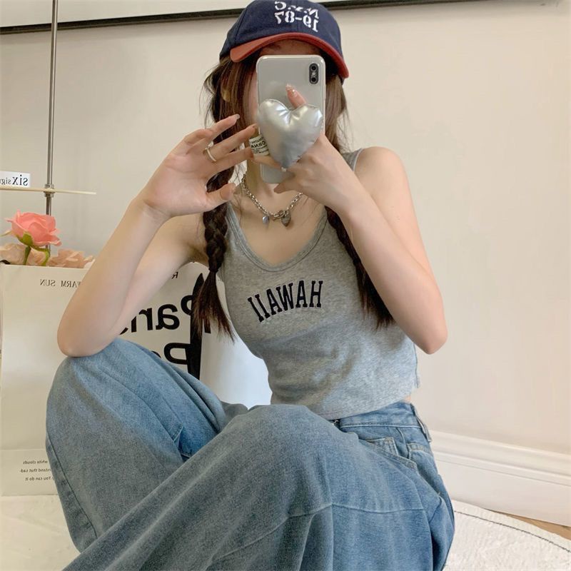 Áo Hai Dây Cotton Trơn Thêu Chữ Ôm Dáng Dễ Phối Đồ