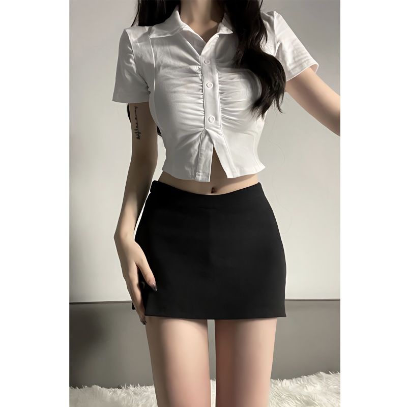 Áo Sơ Mi Tay Ngắn Hở Vai Xếp Ly Màu Trơn Thời Trang Mùa Hè Cho Nữ