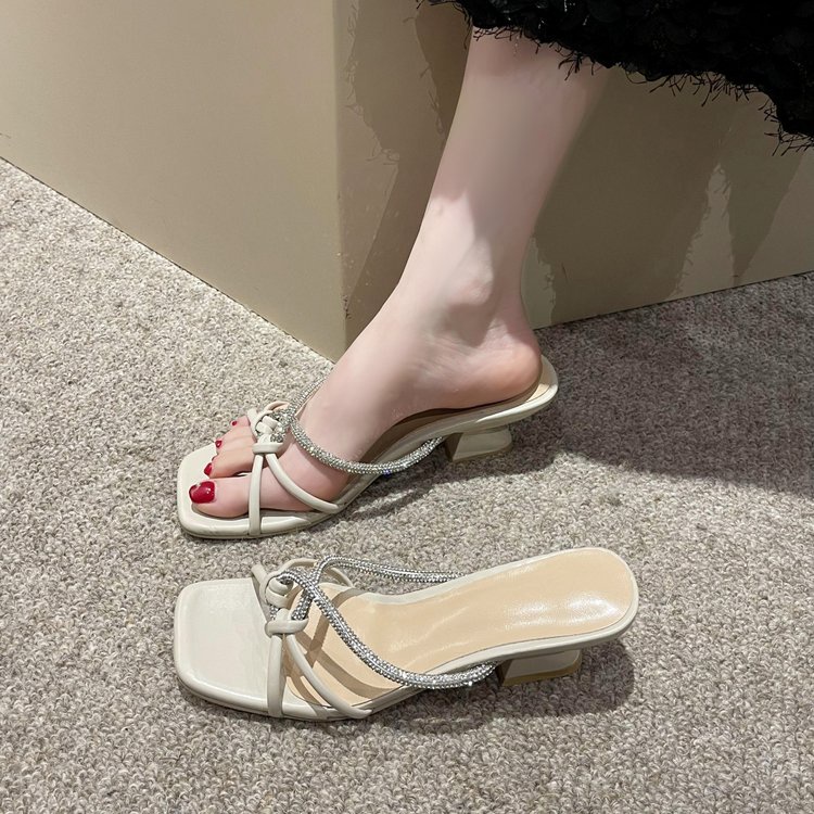 Giày Sandal Cao Gót Mũi Vuông Đính Đá Thời Trang Cho Nữ
