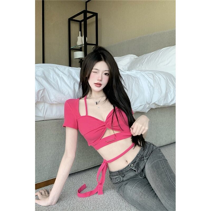Áo Thun Cổ Chữ v Thắt Dây Dáng Ôm Màu Trơn Thời Trang Dành Cho Nữ