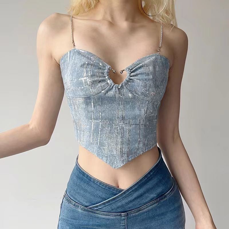 Áo Dây Ngắn Xếp Ly Giả Denim Đính Kim Sa Kiểu Mới Cho Nữ