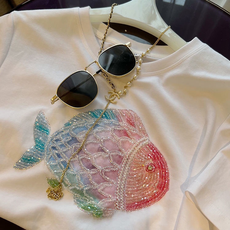 Áo Thun Dáng Rộng Đính Hạt Kim Sa Màu Trắng Phong Cách Công Nghiệp Thời Trang Mùa Hè Hàng Mới Dành Cho Bạn Nữ