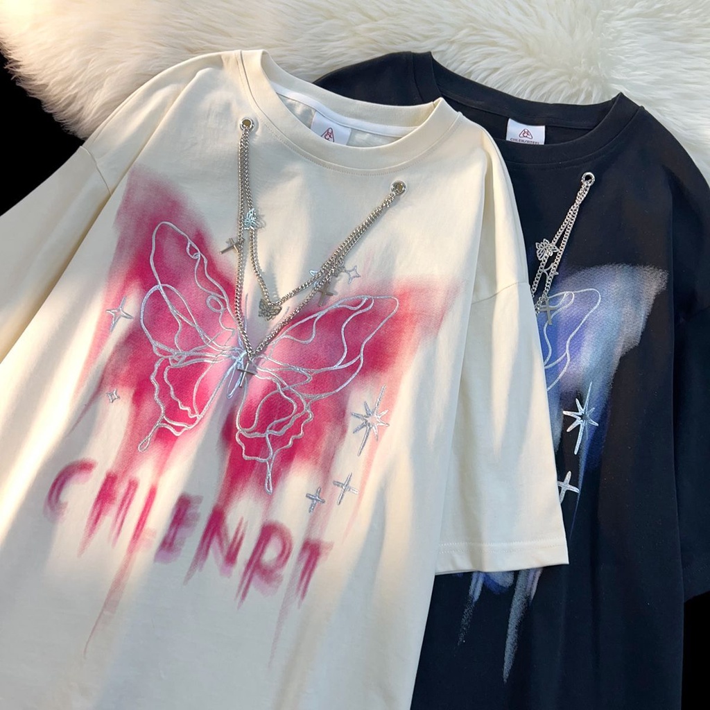 Áo Thun Tay Ngắn Cổ Tròn In Hình Bướm Phong Cách Mỹ Cổ Điển Thời Trang Mùa Hè Mới Cho Nữ