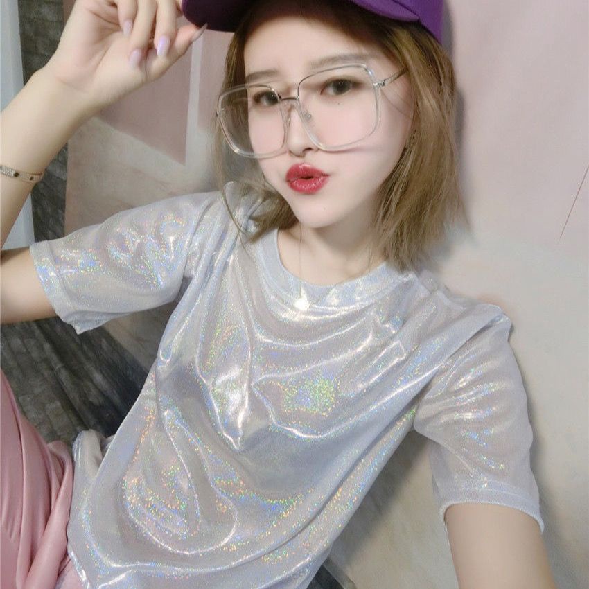 Áo Thun Tay Ngắn Đính Ngọc Trai Lấp Lánh Phong Cách Mới Mùa Hè Cho Nữ