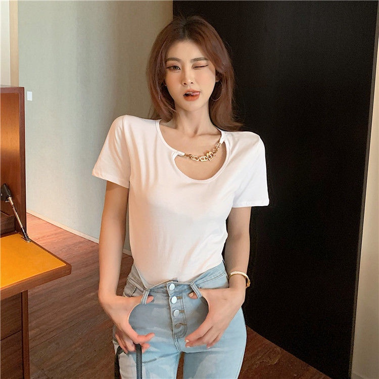 Áo Thun Tay Ngắn Dáng Rộng Phối Dây Xích Kim Loại Thời Trang Mùa Hè Hàng Mới Dành Cho Bạn Nữ