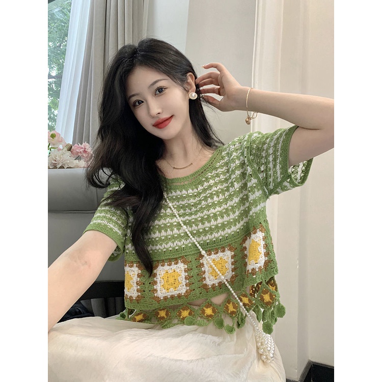 Bộ Áo Len Tay Ngắn Phối Tua Rua + Chân Váy Lửng Màu Sắc Tương Phản Phong Cách Bohemian Thời Trang Mùa Hè Dành Cho Nữ