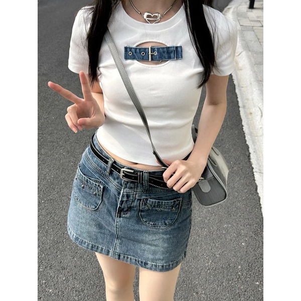 Bán Chạy Mới Về ~ Áo Thun Denim Tay Ngắn Dáng Ôm Vừa Vặn Phối Nút Rỗng Phong Cách Spicy Ngọt Ngào Cho Nữ