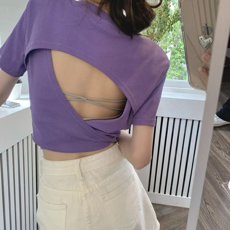 Hàng Mới Về ~ Áo Thun Ngắn Tay Ôm Dáng Vừa Vặn Với Thiết Kế Hở Lưng Phong Cách Mới Cho Nữ