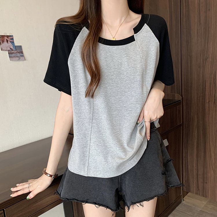 Áo Thun Tay Ngắn Dáng Ôm Cỡ Lớn Màu Tương Phản Phong Cách Hàn Quốc Thời Trang Cho Nữ