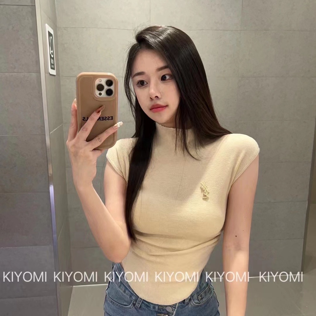 Áo Thun Dệt Kim Mỏng Tay Ngắn Cổ Cao Dáng Ôm Thời Trang Mùa Hè Cho Nữ