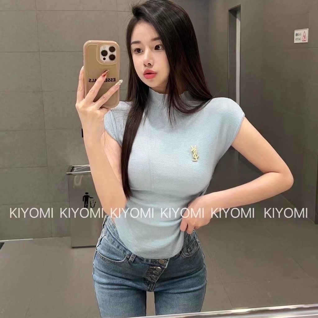 Áo Thun Dệt Kim Mỏng Tay Ngắn Cổ Cao Dáng Ôm Thời Trang Mùa Hè Cho Nữ