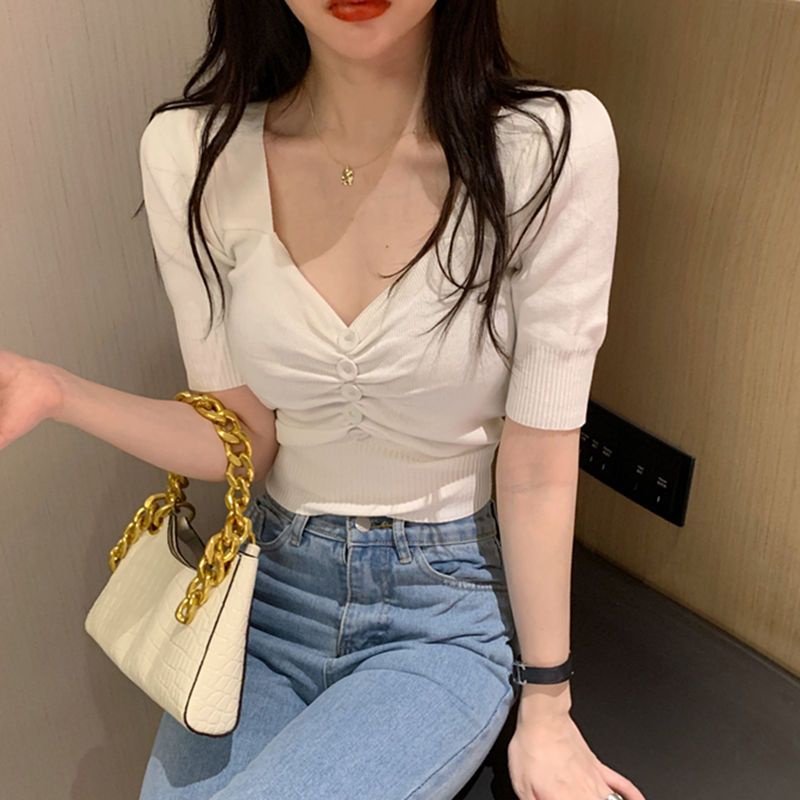 Áo Thun Ngắn Tay Vải Lụa Mát Thời Trang Mùa Hè Phong Cách Pháp Cho Nữ