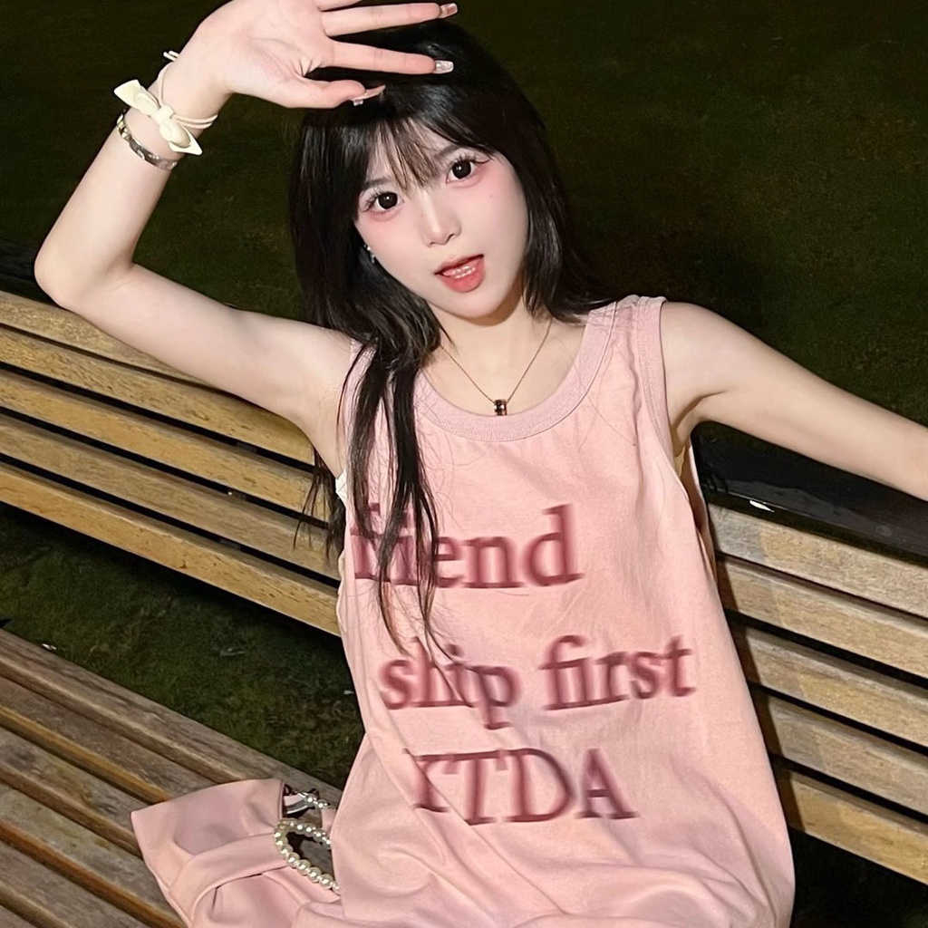 Áo Thun Cotton Không Tay Dáng Rộng In Chữ Thời Trang Mùa Hè Cho Nữ