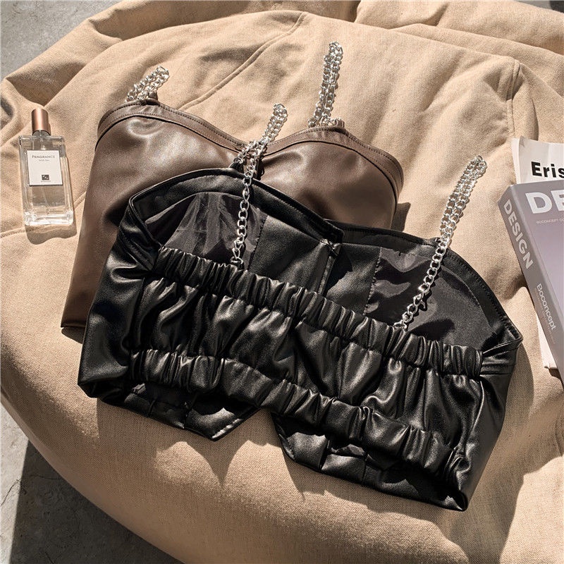 Hàng Mới Về ~ Áo Khoác Da Cao Cấp Phối Dây Xích Dáng Ngắn Hai Lớp Màu Cà Phê Gợi Cảm Cho Nữ