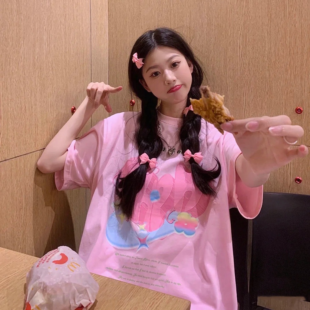 Áo Thun 100% Cotton Tay Ngắn Dáng Rộng Phong Cách Hàn Quốc Thời Trang Mùa Hè Cho Nữ