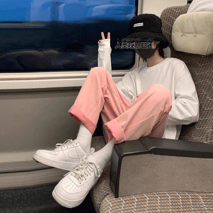 Quần Jean Hồng Lưng Cao Ống Rộng Phong Cách Harajuku Đường Phố Cho Nữ