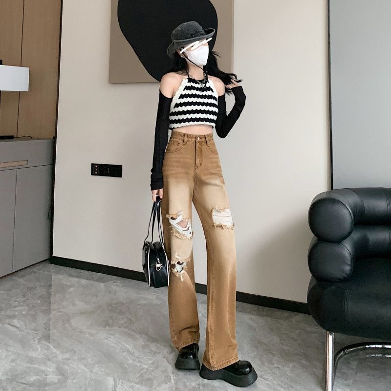 Quần Jean Ống Rộng Rách Lưng Cao Phong Cách Đường Phố Mỹ Mùa Hè Mới Cho Nữ