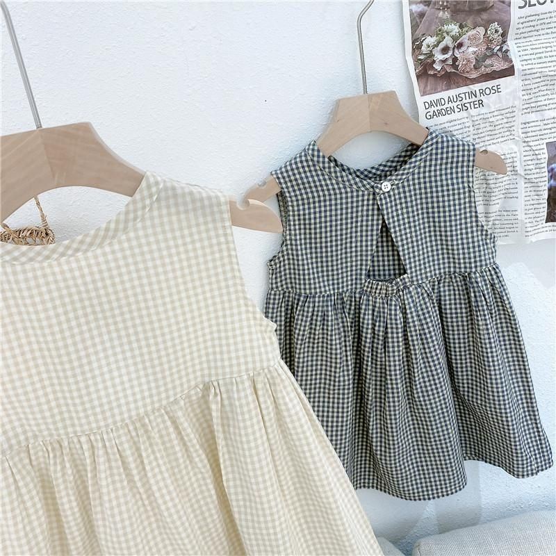 Đầm Cotton Không Tay Họa Tiết Sọc Caro Thời Trang Mùa Hè Hàn Quốc Cho Bé Gái