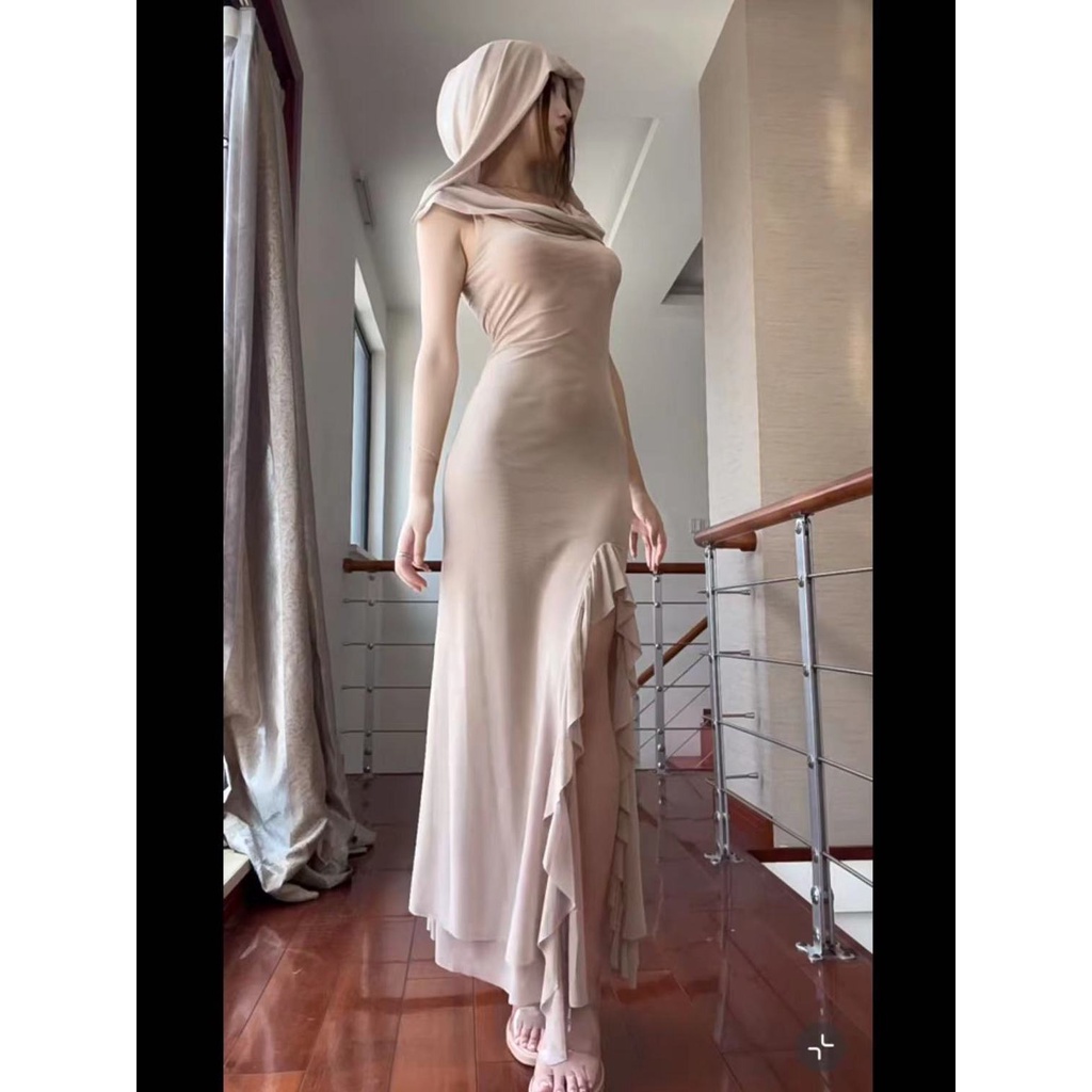 Mẫu Mới Nhất Đầm Lưới Dài Có Mũ Xẻ Tà Nhẹ Trong Suốt Phong Cách Mystery Doomsday Dune Wasteland Quyến Rũ Cho Nữ