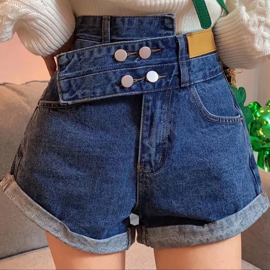 Quần Short Denim Lưng Cao Ống Rộng Phong Cách Hàn Quốc Mới Cho Nữ