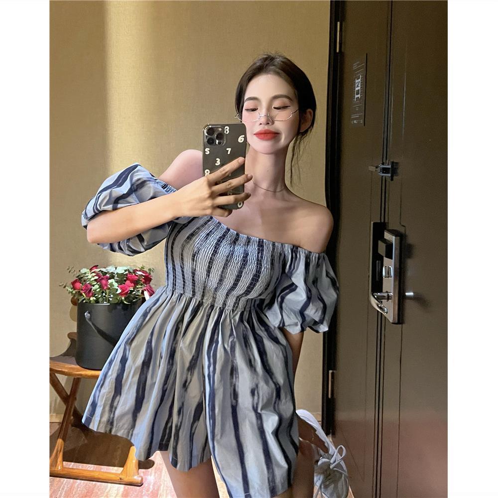 Jumpsuit Trễ Vai Lưng Cao Họa Tiết Kẻ Sọc Thời Trang Mùa Hè Cho Nữ